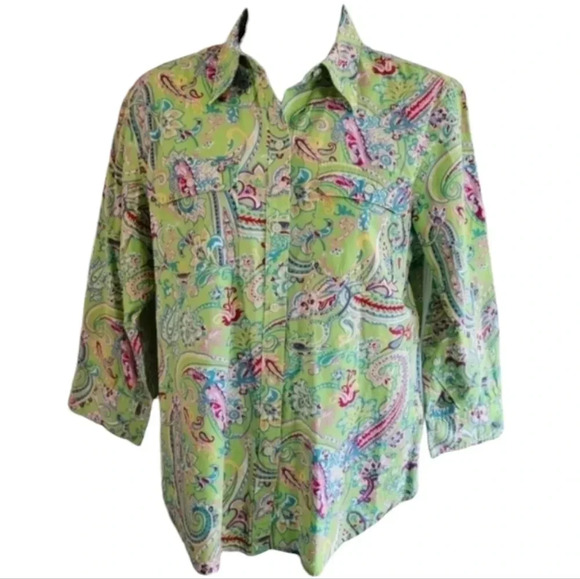 Chaps Medium Green Pink Paisley Cotton Button Down Shirt Boho Retro Y2K Preppy - Picture 2 of 11